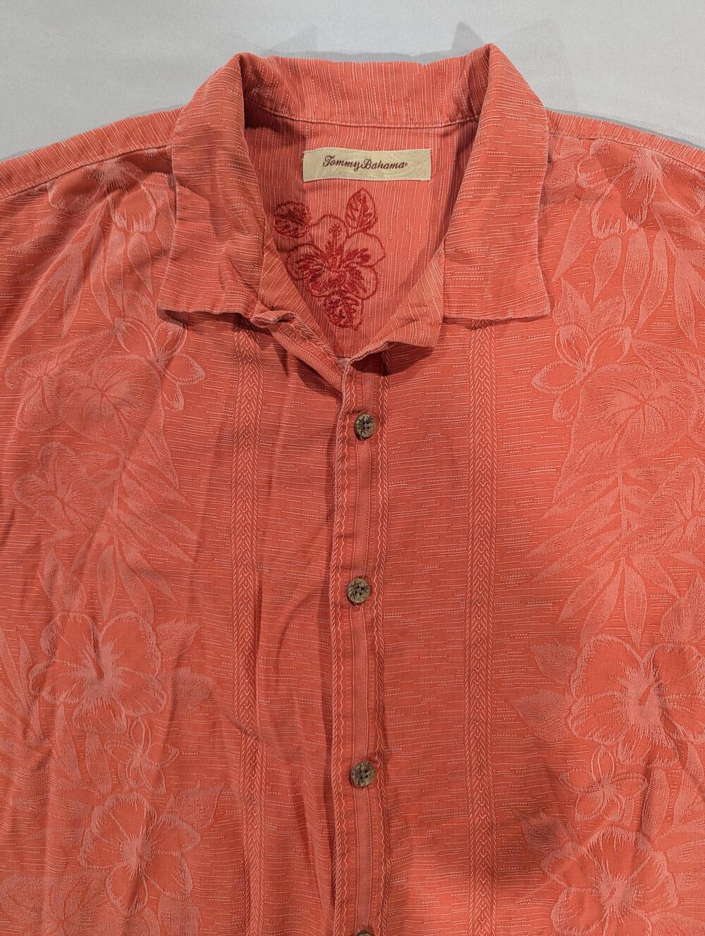 Tommy Bahama Shirt Mens L Orange Silk Floral Short Sleeve Hawaiian Aloha Camp